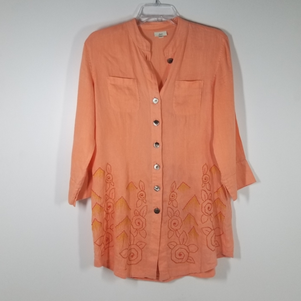 J Jill Orange 100% Linen Embroidered Button Up Long Sleeve Tunic Top Size XS